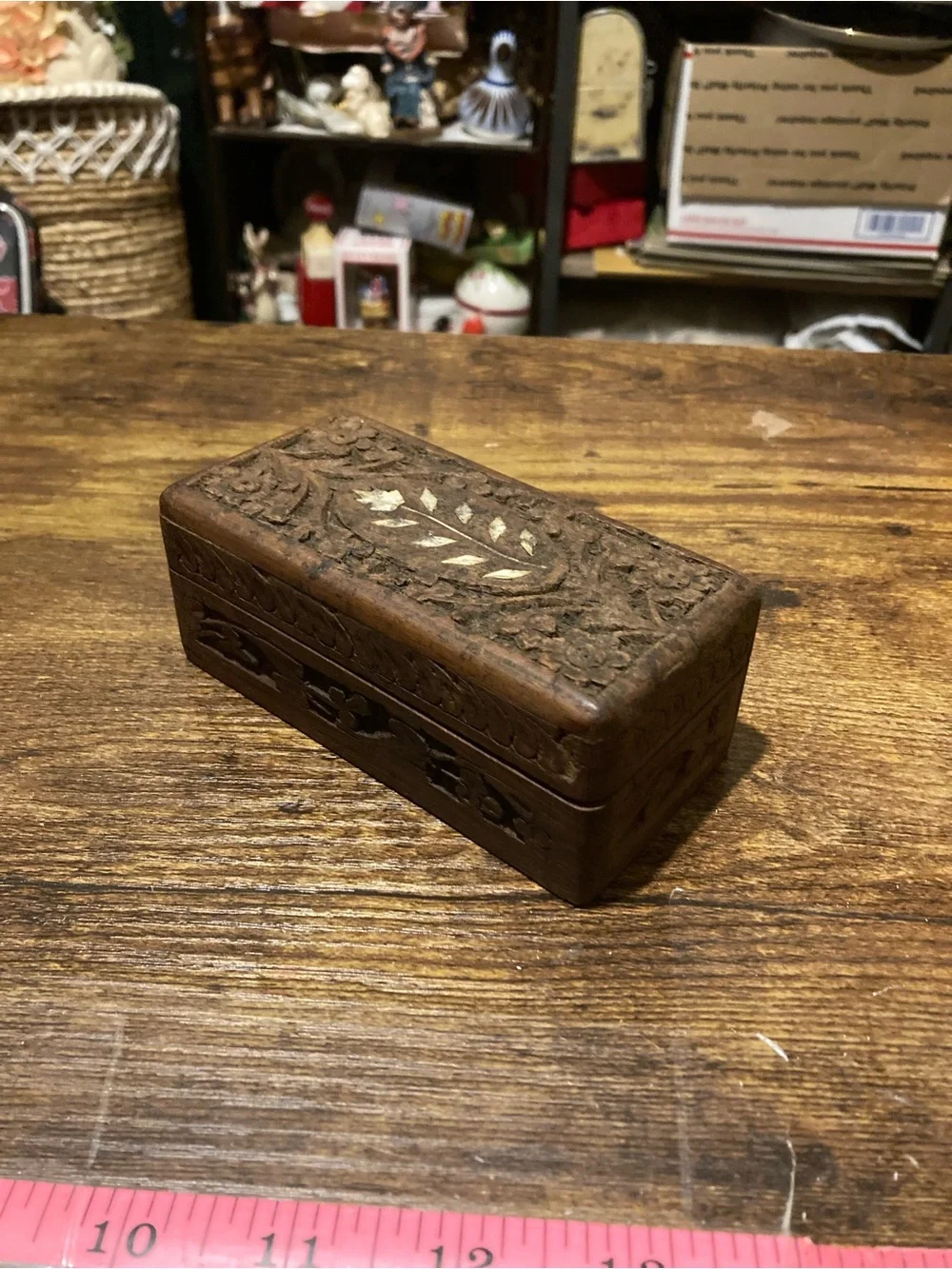 Vintage hand carved wooden trinket box